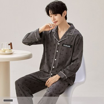 成套睡衣【情侶款】清夢葉影 印花排釦棉柔寬版長袖長褲 居家服 77231(男)