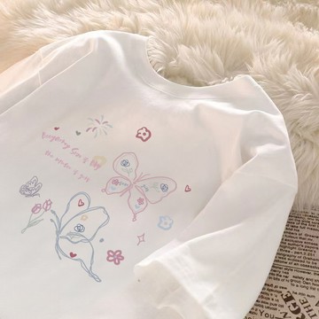星屿之恋~ 韓系chic 蝴蝶塗鴉 印花 t恤 短袖女 白色上衣 重磅短t 蓋屁股上衣 正韓短袖 多巴胺上衣 甜美風女裝