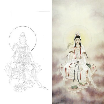 實物參照彩圖 底稿 可上色 列印稿 宣紙 高清工筆劃四尺觀音神佛人物白描底稿宣紙2-115