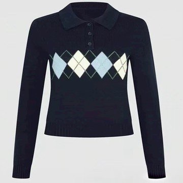 秋季長袖菱格紋短版針織毛衣上衣