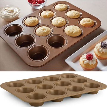美國進口食品不沾涂層金屬烤盤高檔蛋糕模具12連模金色圓形點心盤