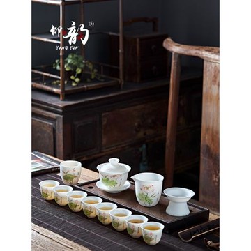仰韻 德化羊脂玉白瓷荷韻功夫手繪茶具套裝 家用客廳茶藝蓋碗茶杯
