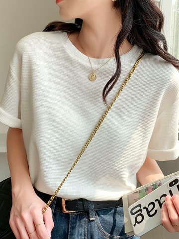 華夫格白色短袖T恤女夏季寬松ins潮韓版2022新款純棉圓領半袖上衣