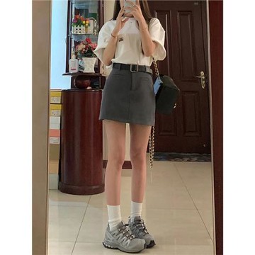 深灰色西裝短裙女夏薄款胖妹妹mm高腰遮胯顯瘦辣妹a字包臀半身裙