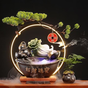 招財進寶白菜長流水擺件風水輪辦公室裝飾前臺招財貓高檔開業禮物