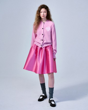MARDI MERCREDI 緞面中長裙 粉色 海軍藍刺繡LOGO 學院風 VOLUME MIDI SKIRT CRAPE