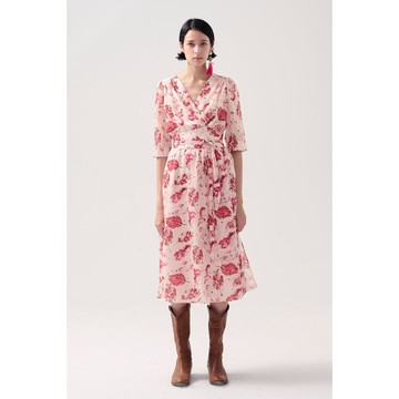 AVVJOY法式絲質洋裝V領設計飄逸雪紡落葉紛紛印花