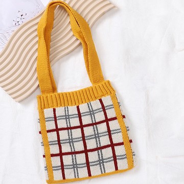 Sayaka 紗彌佳 日系經典百搭格紋造型同款毛線編織手提包+圍巾2入組  小型  黃色