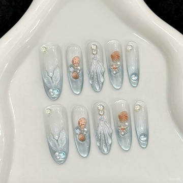 💟加一手工甲💅🏻藝禾穿戴甲【海的秘密】夏季新款手工捏製魚尾浪花貓眼美甲貼片純手工穿戴甲 OGKU
