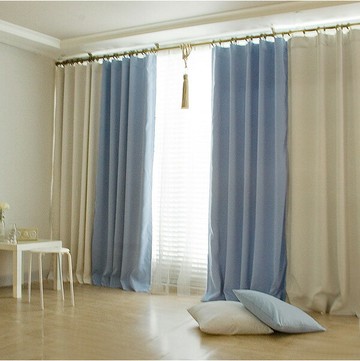 韓式簡約素雅風格窗簾臥室客廳陽臺書房隔熱遮光布藝掛鉤米藍拼接