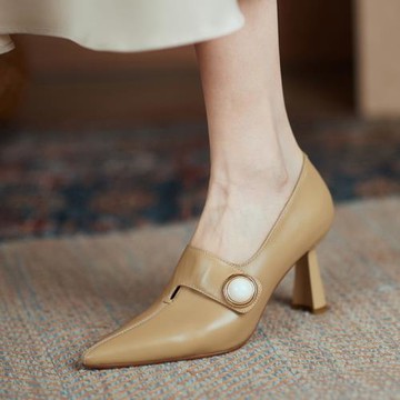 雨絲家 法式優雅2021春尖頭深口單鞋女珍珠氣質真皮小眾原創女鞋