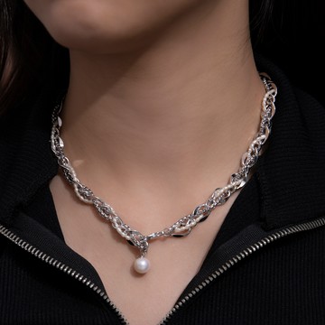 Mesh｜銀色編織鎖鍊珍珠項鍊