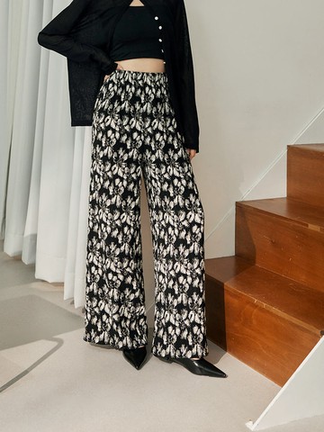 滿版花朵暈染細壓褶腰鬆緊落地寬褲