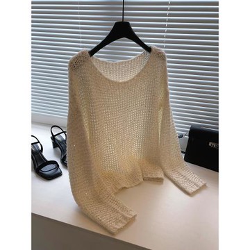 法式溫柔鏤空白色軟糯馬海毛針織衫女2025春季薄款寬松慵懶風上衣