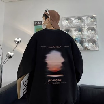 (兩款可選)刷毛連帽日落印花大學T 情侶裝流行刷毛款男港風寬鬆版 帽T 大學T 印花T 長T（E2222）【壹號站】