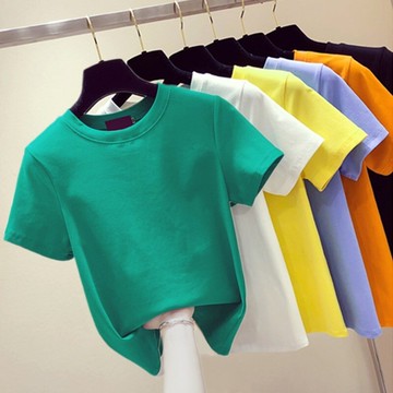 超火cec純色棉修身短袖t恤女上衣夏裝短款韓版半袖體恤打底衫