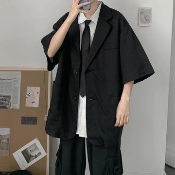 休閑西服男潮ins夏季薄款墜感高級感小西裝上衣短袖港風帥氣外套