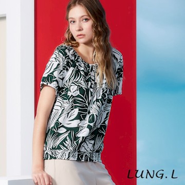 LUNG.L林佳樺 綠白葉子印花棉質短袖女裝上衣LR88A