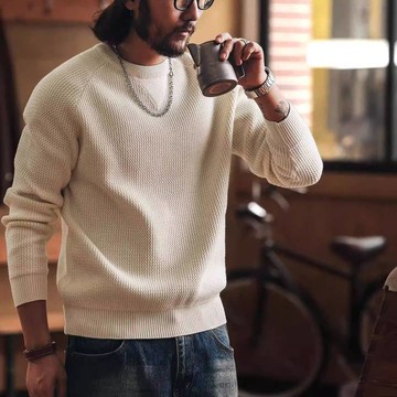 高級美式重磅7針粗線男士毛衣秋冬新款慵懶風針織打底衫男