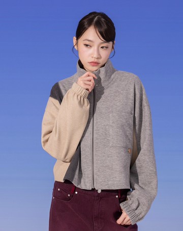 異材質拼色立領廓型外套
