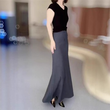 25067婕妤秀灰色半身裙女2025年夏季新款簡約氣質百搭魚尾長裙子