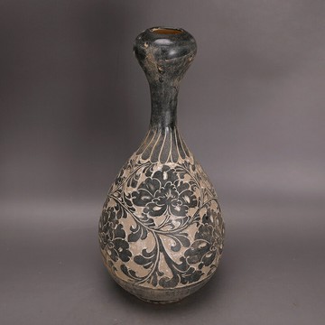 宋代磁州窯墨彩繪牡丹紋蒜頭瓶出土老貨仿古瓷器古玩古董復古擺件