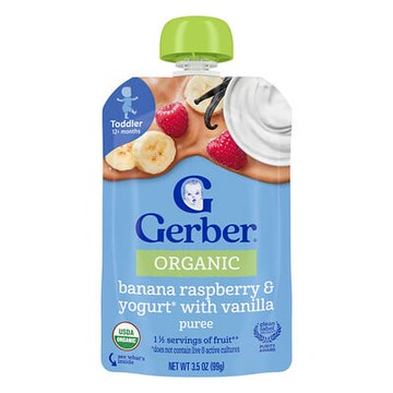 Gerber, 有機嬰兒食品，12 個月以上，香蕉樹莓和香草酸奶，3.5 盎司（99 克）
