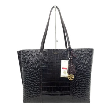 tory burch棕色皮革壓紋托特包