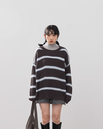 配色條紋設計寬版針織毛衣 三色售