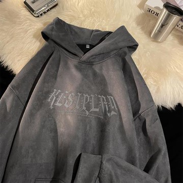 特大碼300斤灰色麂皮絨連帽衛衣男秋冬oversize美式復古硬挺寬松