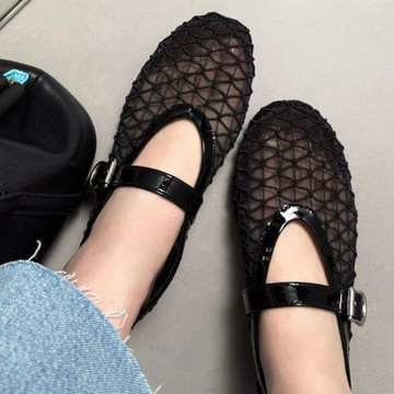 2025歐貨小眾編織網面透氣鏤空一字帶瑪麗珍鞋女時尚圓頭平底單鞋