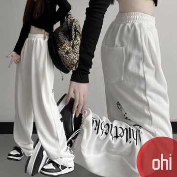 【ohi】抽繩闊腿休閒褲 高腰寬鬆顯瘦 潮流字母印花 運動褲 百搭休閒褲 女裝 XGPTYK-557