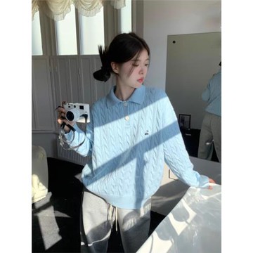 美式復古polo領麻花毛衣女秋裝季藍色上衣中長款慵懶風寬松針織衫