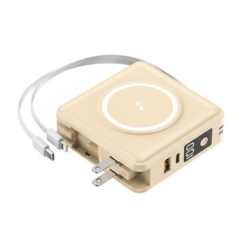 萬國充 磁吸自帶線支架行動電源 15000mAh 自帶AC插頭 無線充電 內建Type-C和Lightning充電線  F11  奶茶棕
