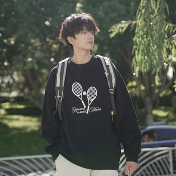【當天出貨】大學T 衛衣男 網球拍印花衛衣 打底衫 套頭衫 內刷毛上衣 簡約百搭外套 秋冬中性風男女同款長袖衣服