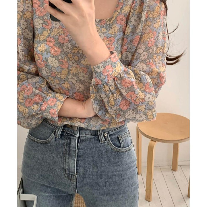 【1点もの・デザイン画付き】スクエアネック花柄ゆったりトップス