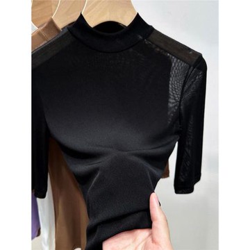 半高領短袖t恤女早秋歐貨品牌透視薄款網紗蕾絲柔軟中袖打底上衣