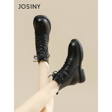 卓詩尼中筒馬丁靴女中幫2025年冬季新款加絨黑色系帶復古短靴子女