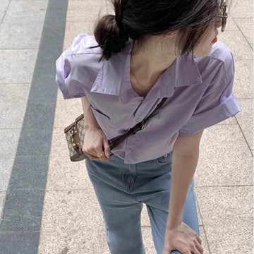 台灣出貨 香芋紫色短袖襯衫女韓系夏季設計感小個子甜酷百寬鬆bf休閒襯衣 短袖襯衫 襯衫女 韓版襯衫 短袖上衣女 休閒襯衫