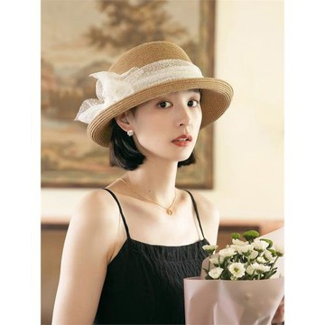 2026新款草帽女夏季蕾絲遮陽帽法式防曬帽時尚卷邊太陽帽女款帽子