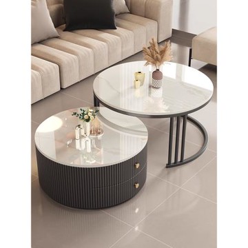 巖板茶幾客廳家用2024新款小戶型輕奢高級感簡約圓形玻璃茶桌組合
