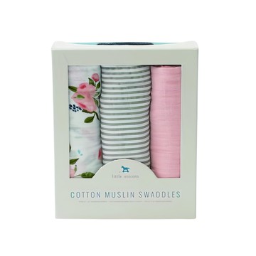 little unicorn 純棉紗布巾 Set 3條 天然纖維 柔軟舒適 輕柔透氣 精裝禮盒  水彩玫瑰  120 x 120cm