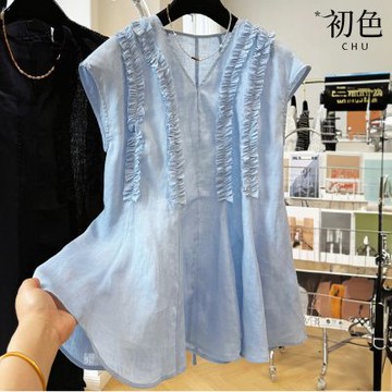 初色 純色V領木耳邊造型後繫帶無袖馬甲上衣女上衣-共2色-13741(M-2XL可選)