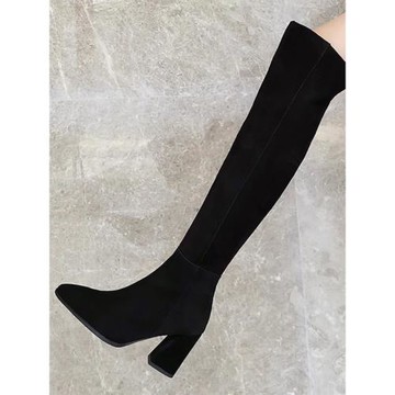 靴子女冬加絨顯瘦2025新款過膝長靴磨砂真皮粗跟尖頭長筒靴小個子