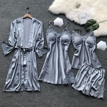 性感睡衣女夏冰絲五件套裝春秋帶胸墊吊帶睡裙睡袍家居服2024新款