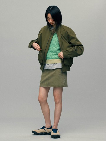 Washed Denim Semi A-line Mini Skirt [Khaki]