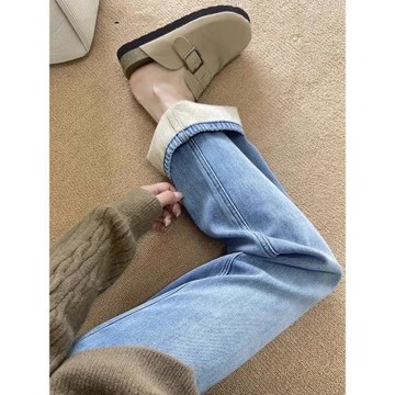 淺藍色窄版直筒牛仔褲女2025新款冬季小個子高腰寬松闊腿加絨褲子