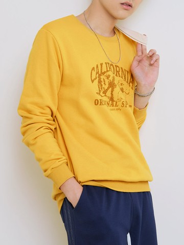 素色圓領復古印花大學T