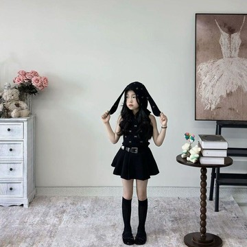 Mimo⭐女童夏裝背心兔子耳朵連帽上衣夏季兒童蝴蝶結吊帶T恤黑t