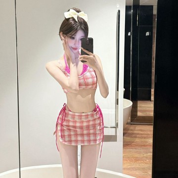 海邊必備🍋 2025新款格子撞色纯欲比基尼分体泳衣女小胸聚拢性感辣妹海边度假 性感泳衣 泳衣 女